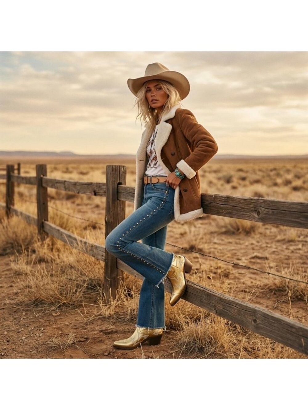 Women's Gold Western Ankle Cowgirl Boots Chunky Pointed Toe Wide Calf Boots
